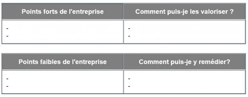 Exemples de tableaux de synthèse de votre diagnostic :